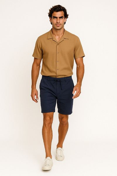 OIL PARK Muslin Linen Men's Shorts with Elastic Waist and Lace-Up Belt