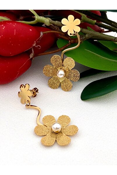 Siya Silver Çift Papatyalı İncili Uzun Sallantılı Çelik Küpe