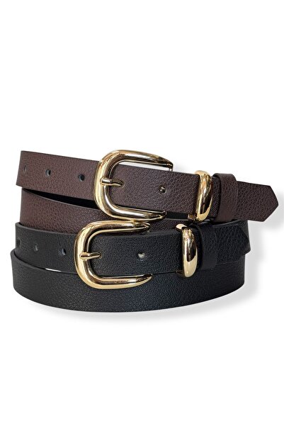 Kemerix Women's Gold Buckle 2-Piece Belt Set