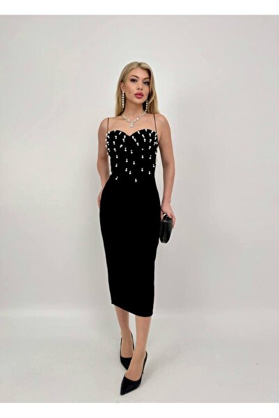 Fade İnci Detaylı Askılı Siyah Midi Elbise