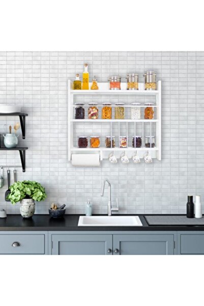 HALL BREATHE Beyaz Ahşap Duvara Monte Terek Rafı, şık ve kullanışlı baharatlık dolabı