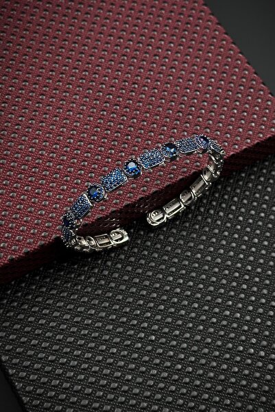 FRNCH 925 Ayar Gümüş İtalyan Model Zirkon Taşlı Lacivert Renk Erkek Bileklik ...