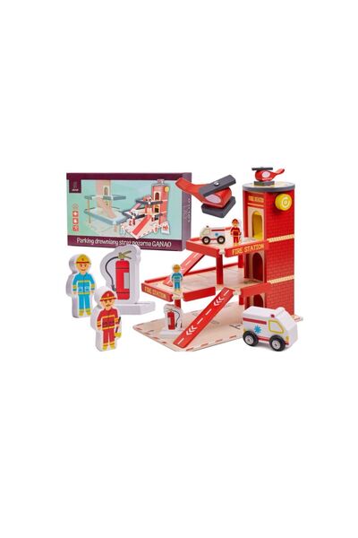 Ikonka Garaj de pompieri cu parcare din lemn, LIULO, 34 x 21 x 32cm