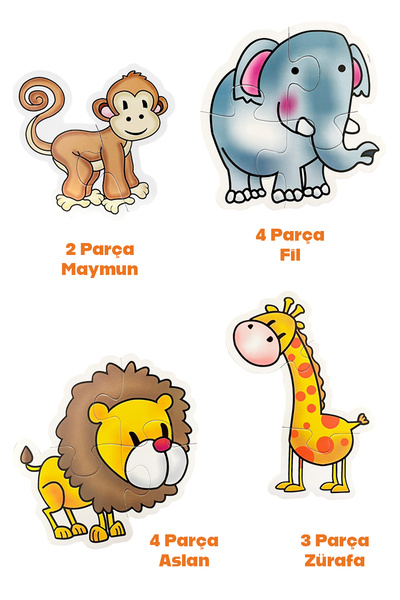 Meleni Toys 13 Parça Hayvan Figürlü Puzzle Seti - Aslan Fil Zürafa Maymun Şekilli 2-3 Yaş Eğitici Yapboz