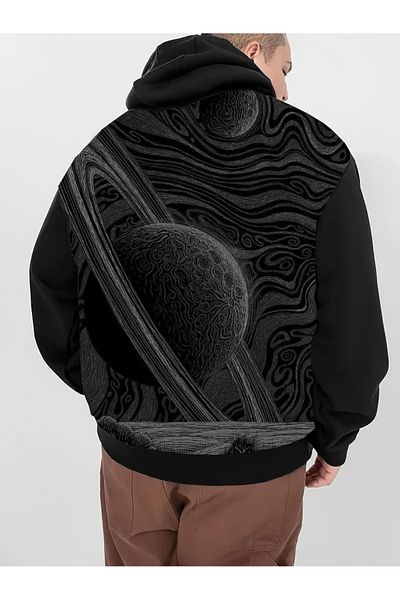 aynewmoda Unisex Black Saturn Printed Hooded Sweatshirt