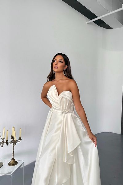 İyem Abiye Organza Princess Waist Stone Design Evening Dress Slim Fit Cream