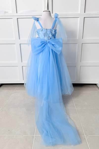 modabesta Mavi 3 Boyutlu Çiçekli Kız Çocuk Abiye ve Parti Elbisesi