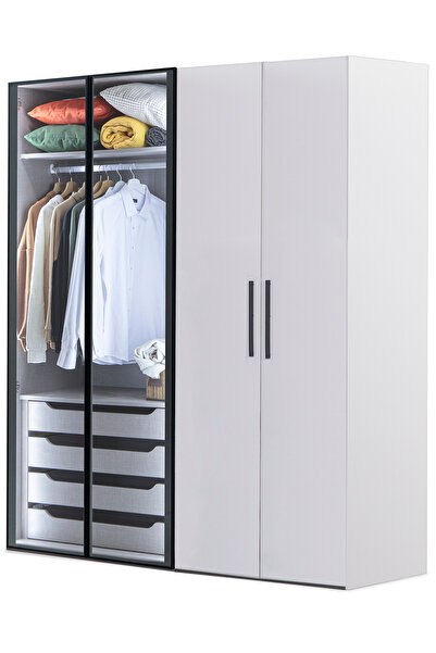 benim odam Diva 4 Kapaklı Beyaz Dolap 4 Raflı Gizli Çekmeceli Cam Kapaklı Gen...