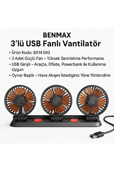 benmax VANTİLATÖR ÜÇ FANLI USB ÇIKIŞLI