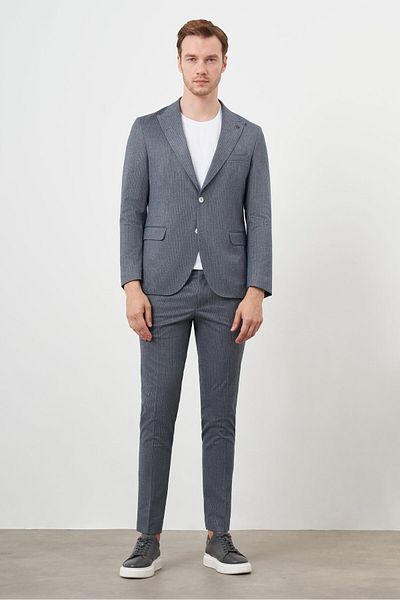 Morven Men's Navy Blue Polyviscon Trend Striped Pattern Slim Fit Mono Collar Bag Pocket Sports Suit