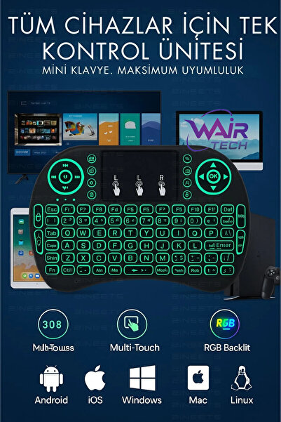 Wair Teknoloji Işıklı Kablosuz Mini Klavye Tv Televizyon Ps3 ps4 ps5 Uyumlu Dokunmatik Mouse