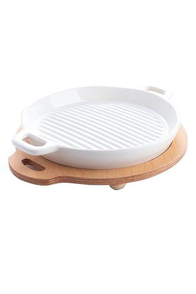 Studio Casa Tava Grill STUDIO CASA SRM963 cu Manere pe Suport de Lemn, 22 cm, Ceramica, Alb