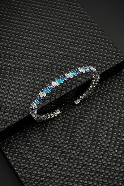 FRNCH 925 Ayar Gümüş Turkuaz-Lacivert Zirkon Taşlı Gümüş Renkli Erkek Bilekli...