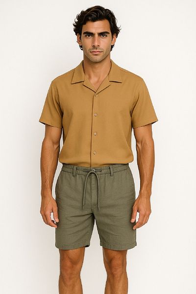 OIL PARK Muslin Linen Men's Shorts with Elastic Waist and Lace-Up Belt
