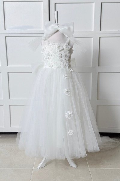 modabesta Beyaz 3 Boyutlu Çiçekli Kız Çocuk Abiye ve Parti Elbisesi