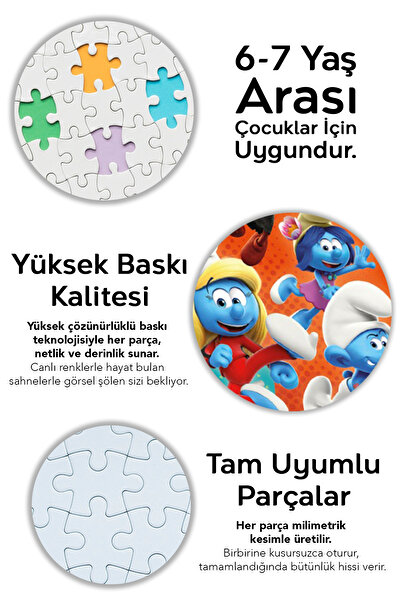 Meleni Toys 100 Parça Şirinler Puzzle Seti - Çizgi Karakter Figürlü 6-7 Yaş Eğitici Yapboz Seti 34x24 cm