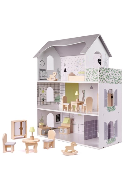 Ikonka Wooden dollhouse with furniture, 70 cm, gray