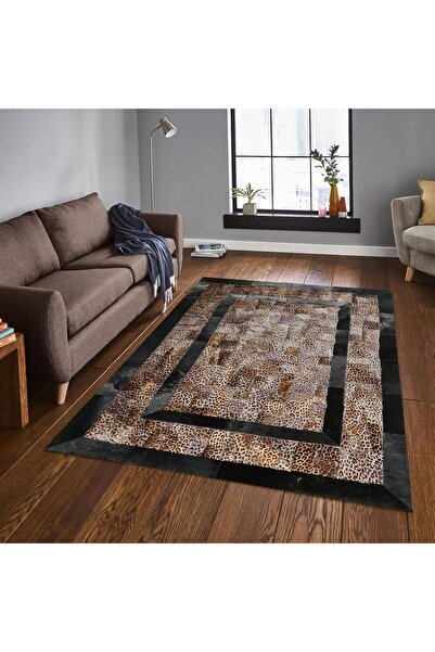 deco marié Siyah Kenarlı Leopar Desenli Dana Derisi Halı, Kaymaz Taban Halı, Lüks Salon Halısı
