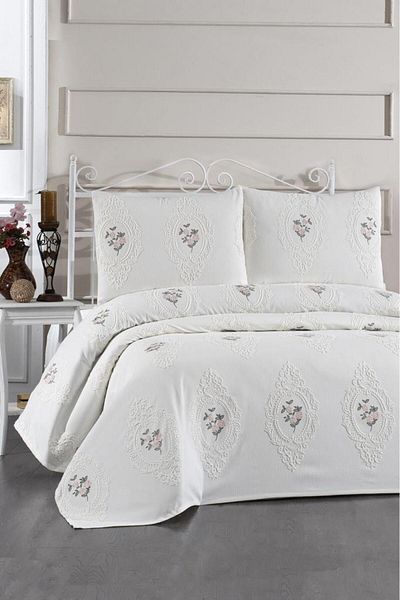 Çeyiz Diyarı Gardenlove Embroidered Chenille 3 Piece Double Bedspread Cream
