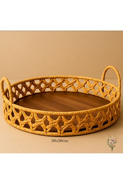Strauss Home Natural Rattan Presentation Tray – 30X30X5 cm |   Handmade, Round, Decorative & Stylish
