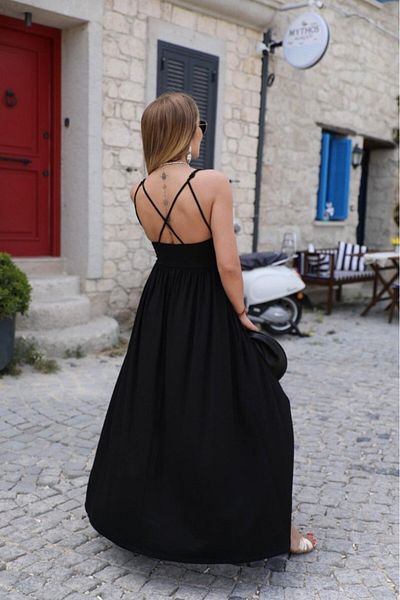 Modayakamoz New Season Women's Back Cross Lace-Up Slit Viscose Dress with Pockets