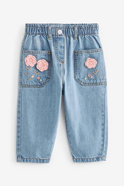 Magu Girl's Cotton Blue Floral Embroidered Elastic Waist Jeans