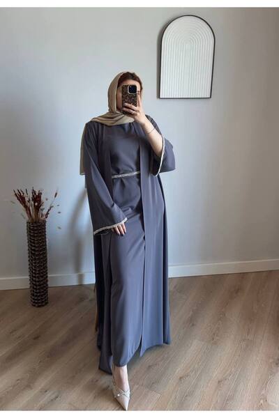 Abaya-AB ✨   Shiny Stone Abaya – Grey Color, Stylish and High-Quality Fabric ✨
