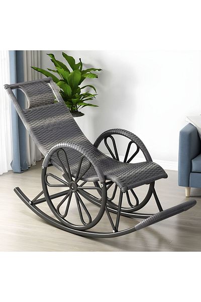 Generic Rattan Rocking Chair with Two Wheel Design for Porch Garden or Indoor Use - Grey