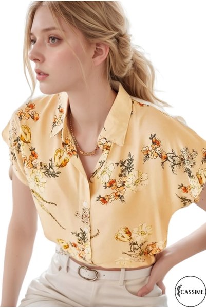 Cassime Women's Floral Patterned Short Sleeve Bat Beige Shirt
