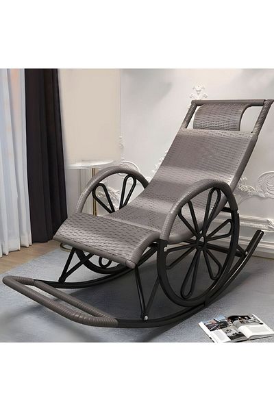 Generic Rattan Rocking Chair with Two Wheel Design for Porch Garden or Indoor Use - Grey