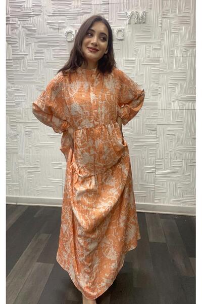 My Destino Tesettür Desenli Mango Kumaş Elbise