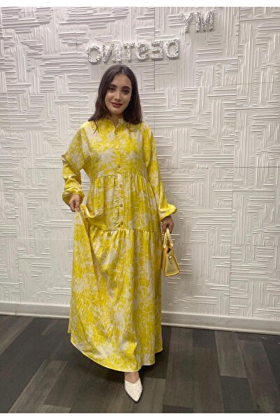 My Destino Tesettür Desenli Mango Kumaş Elbise