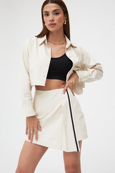 My Blog Stone Front Stripe Detailed Cotton Shirt Shorts Skirt Set - 5116