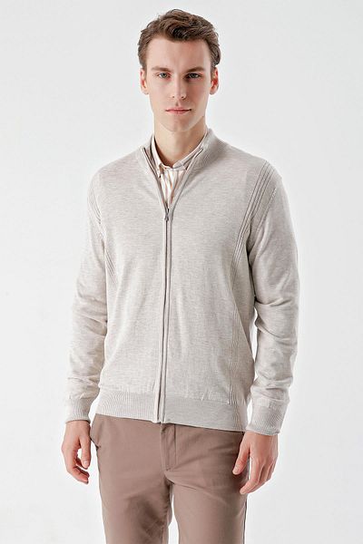 Morven Men's Beige Trend Jacquard Zippered Knitwear Cardigan