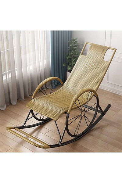 Generic Rattan Rocking Chair with Two Wheel Design for Porch Garden or Indoor Use - Yellow