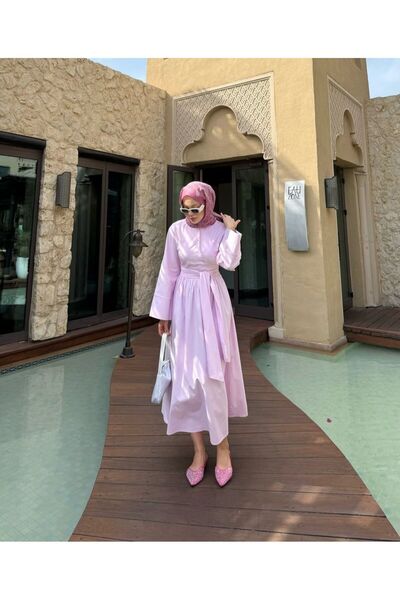 TESETTÜR AKBAŞ Çapraz Düğme Detaylı Bağlamalı Poplin Tesettür Elbise