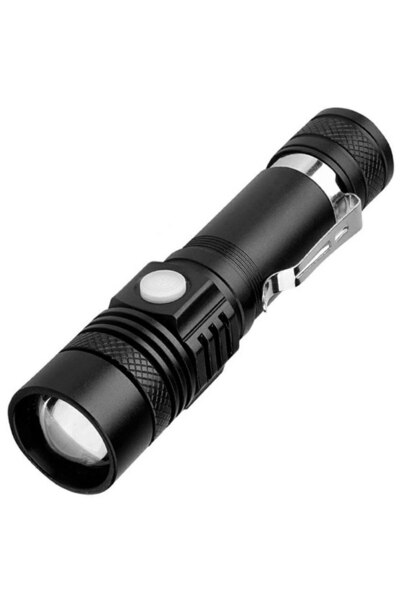 Bibilel Rechargeable Telescopic Zoom Flashlight with Micro USB Cable and Battery, Black, BBL1717