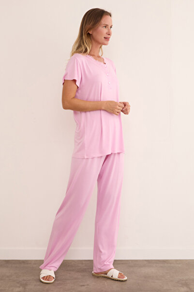 Fulla Moda Yakası Dantel Detaylı Pijama Takımı