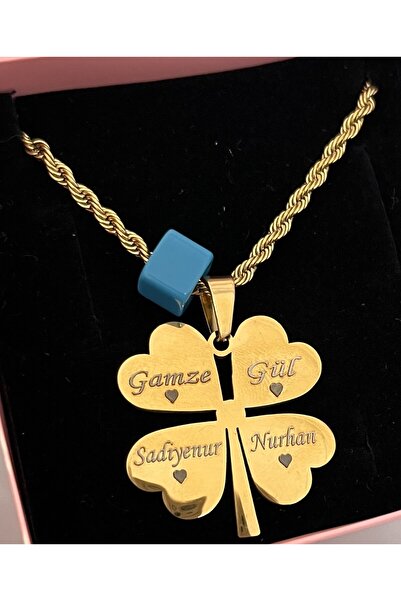 Pigna Aksesuar kişiye özel isimli çelik yonca kolye gold renk kararmaz (KUTUL...