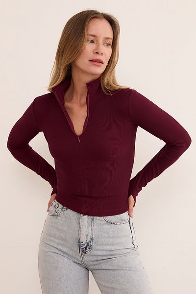 Fulla Moda Ribbed Zipper Stand Collar Blouse