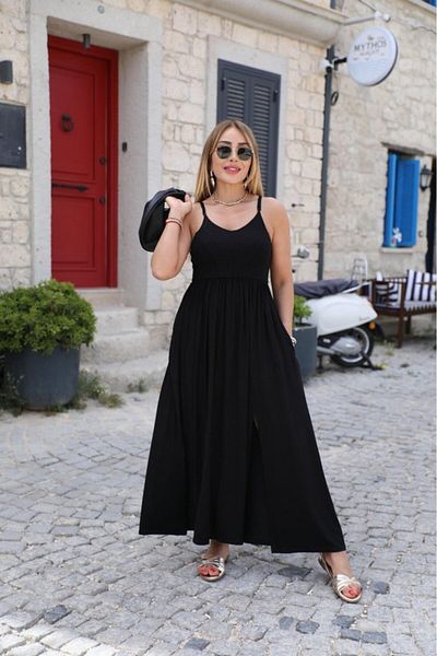 Modayakamoz New Season Women's Back Cross Lace-Up Slit Viscose Dress with Pockets