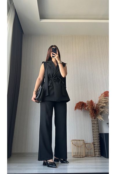 ButikNo35 Black Shoulder Detailed Belted Vest Trousers Suit