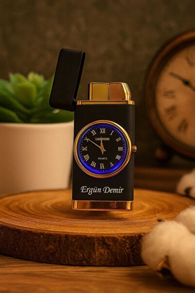 Cömert Hediyelik Eşya Kişiye Özel Siyah Lüks Saatli Pürmüzlü Gazlı Çakmak