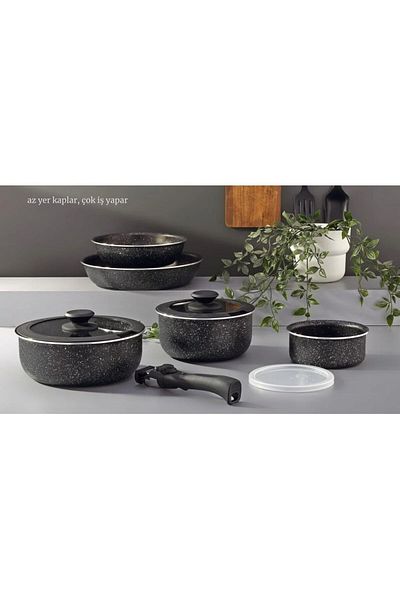 Qualitev 9 Piece Granite Coated Pot and Pan Set with Plug and Remove Handles Nested Cooking Storage Black
