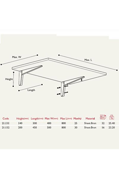 HALL BREATHE Katlanabilir duvar balkon ve mutfak masa ayağı, 30cm, beyaz renkli
