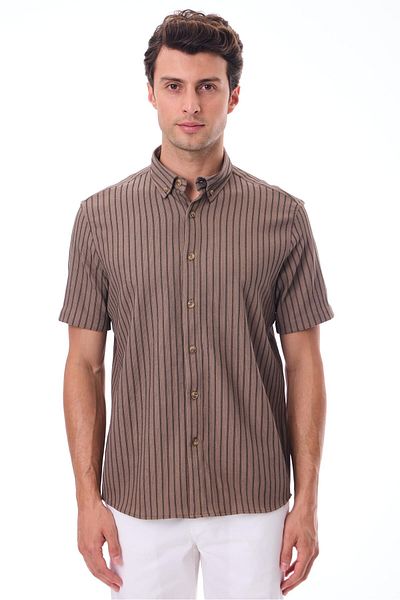 RAVANELLI Short Sleeve Striped Men's Shirt - Cotton Summer Fabric - Bane Brown