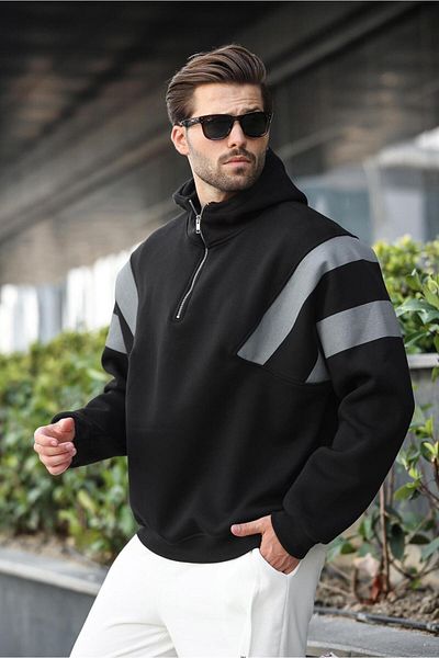 Madmext Black Zippered Collar Hooded Men's Sweatshirt E7161
