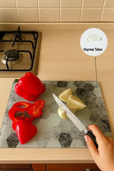 Jenisa Glass Cutting Board Non-Slip Base 30X20Cm - Black-Hexagon