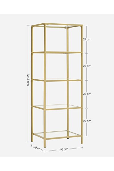 VASAGLE Bedroom Step Shelf, 5 Tiers, Tempered Glass, Steel Frame, 30x124x40cm, Gold