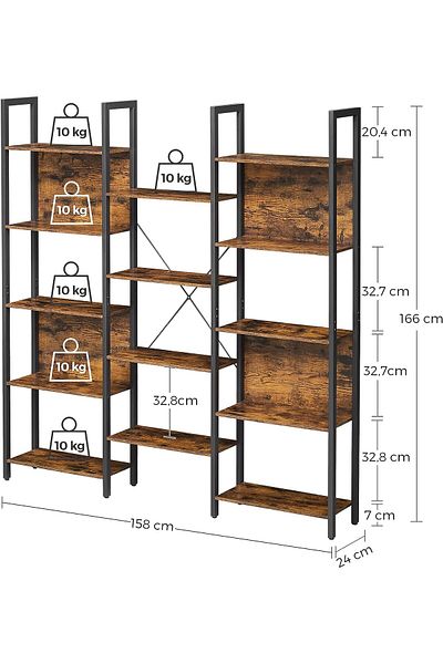 VASAGLE Bookcase with 14 wooden shelves, metal frame, 24x158x166cm, industrial style, brown